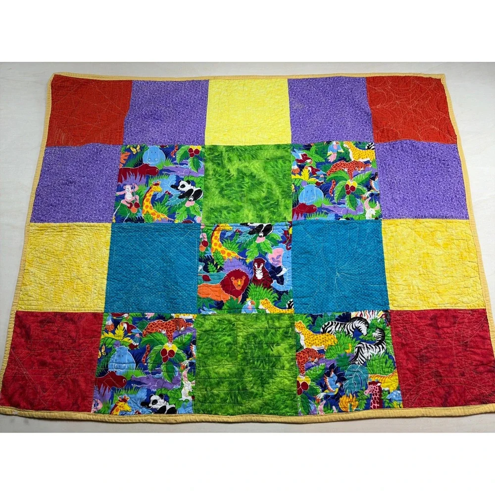 Handmade Jungle Safari Baby Quilt Colorful Patchwork Animal Nursery Blanket34x42